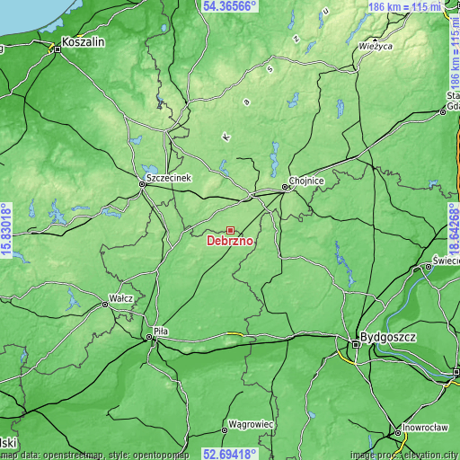 Topographic map of Debrzno