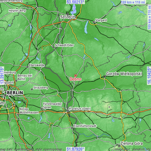 Topographic map of Dębno