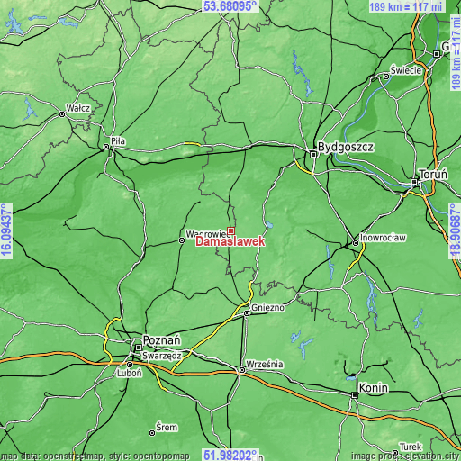 Topographic map of Damasławek