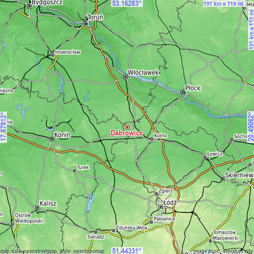 Topographic map of Dąbrowice