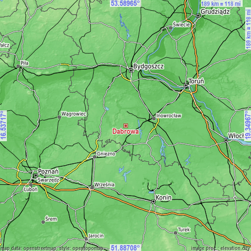 Topographic map of Dąbrowa