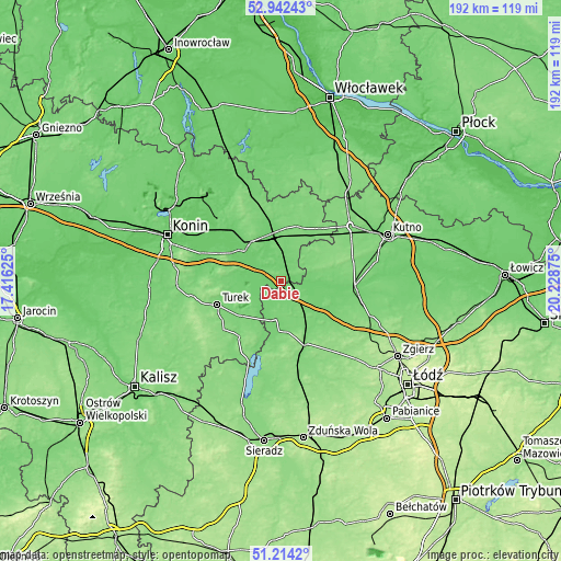 Topographic map of Dąbie