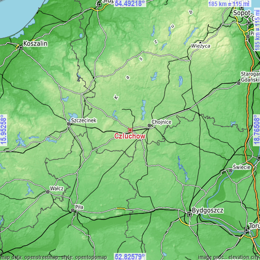 Topographic map of Człuchów