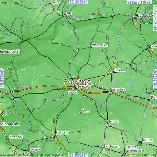 Topographic map of Czerwonak