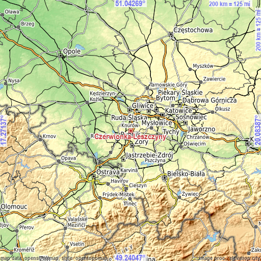 Topographic map of Czerwionka-Leszczyny