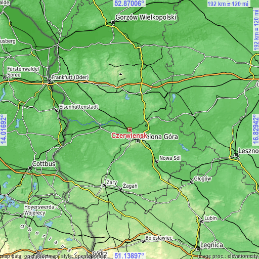 Topographic map of Czerwieńsk