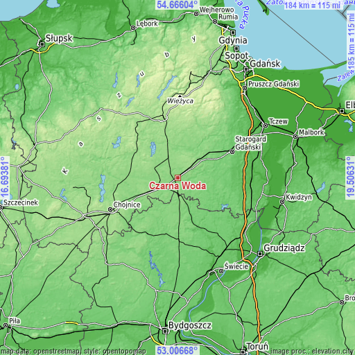 Topographic map of Czarna Woda