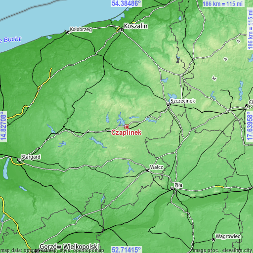 Topographic map of Czaplinek