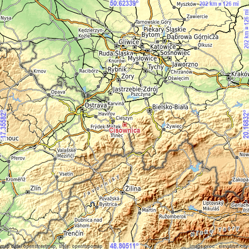 Topographic map of Cisownica