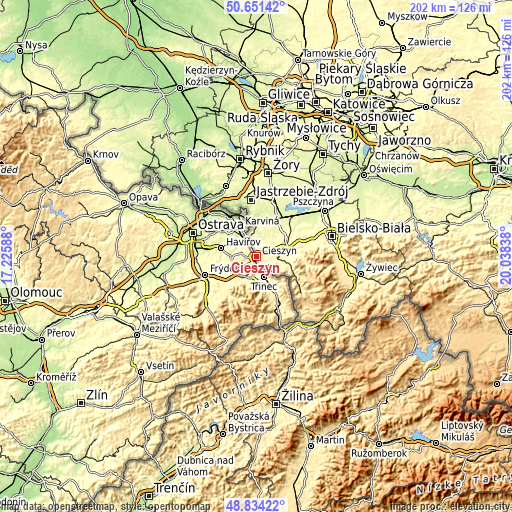Topographic map of Cieszyn