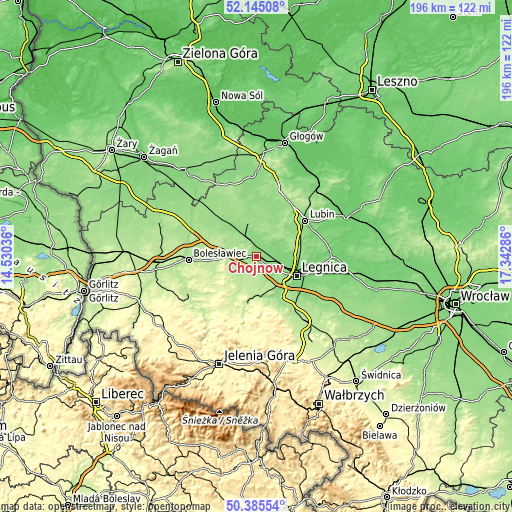 Topographic map of Chojnów