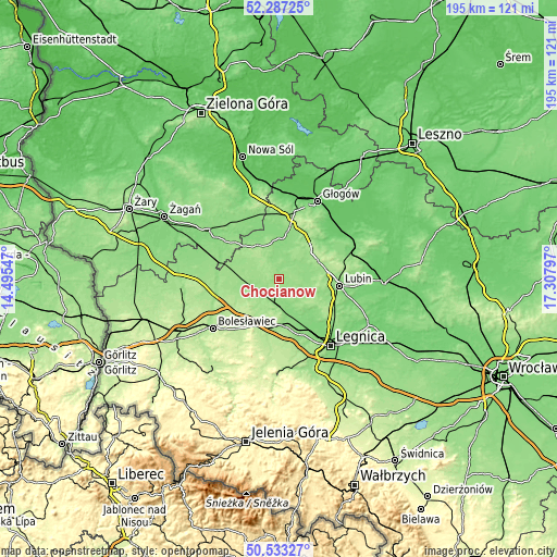 Topographic map of Chocianów