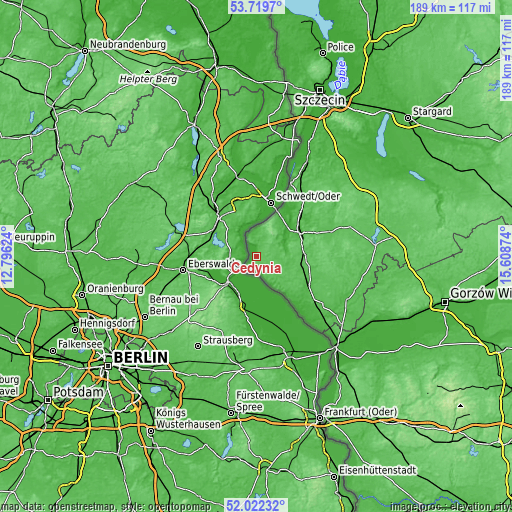 Topographic map of Cedynia