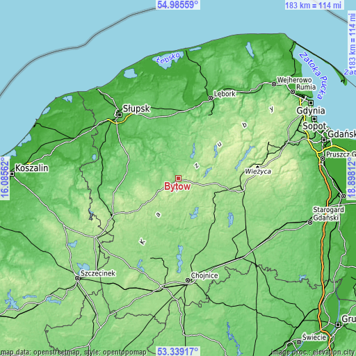 Topographic map of Bytów