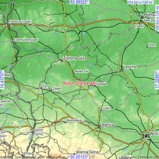 Topographic map of Bytom Odrzański