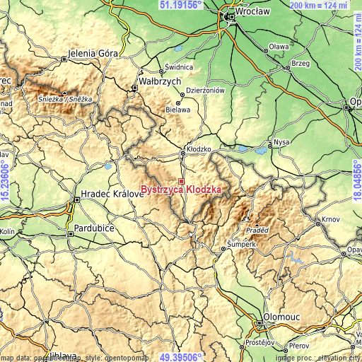 Topographic map of Bystrzyca Kłodzka