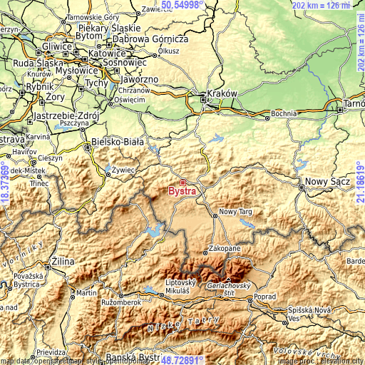 Topographic map of Bystra