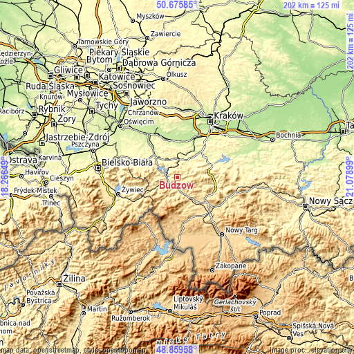 Topographic map of Budzów