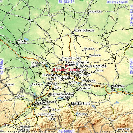 Topographic map of Brzeziny Śląskie