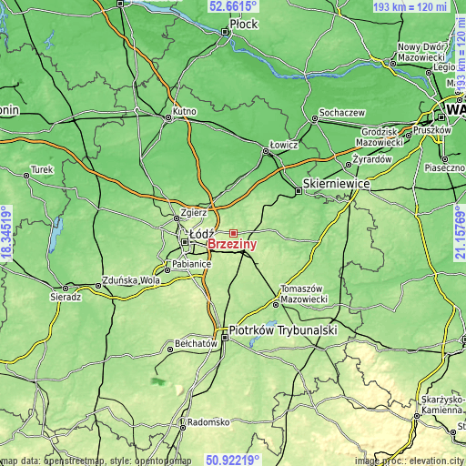 Topographic map of Brzeziny