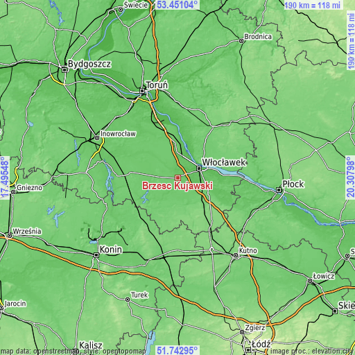 Topographic map of Brześć Kujawski