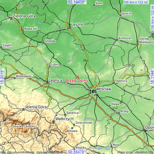 Topographic map of Brzeg Dolny