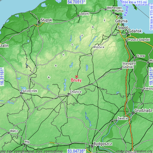 Topographic map of Brusy