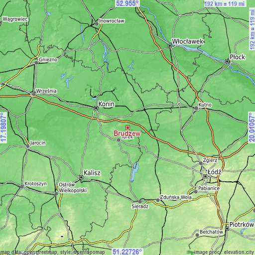 Topographic map of Brudzew