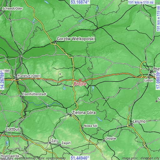 Topographic map of Brójce