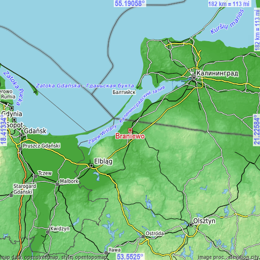 Topographic map of Braniewo