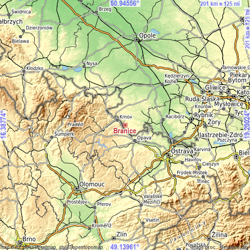 Topographic map of Branice