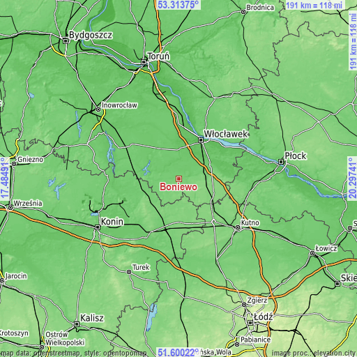 Topographic map of Boniewo