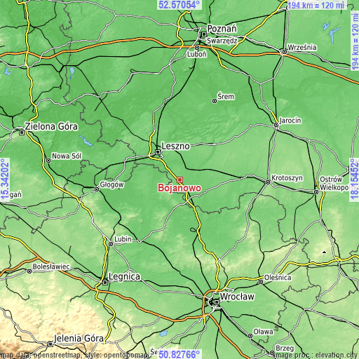 Topographic map of Bojanowo