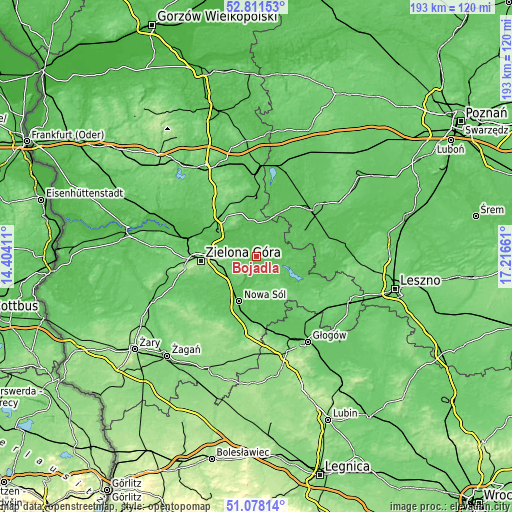 Topographic map of Bojadła