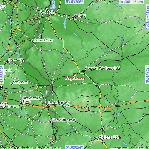 Topographic map of Bogdaniec