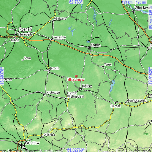 Topographic map of Blizanów