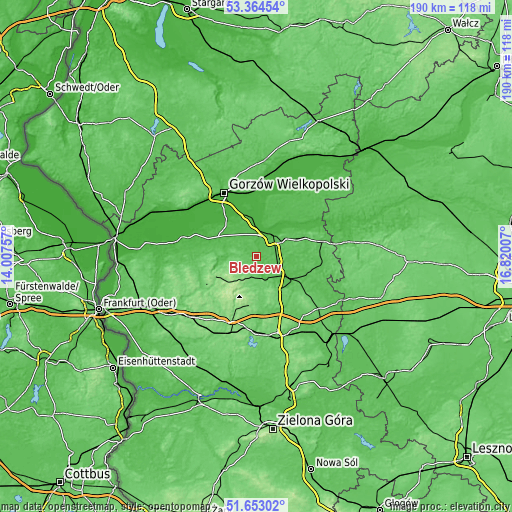 Topographic map of Bledzew