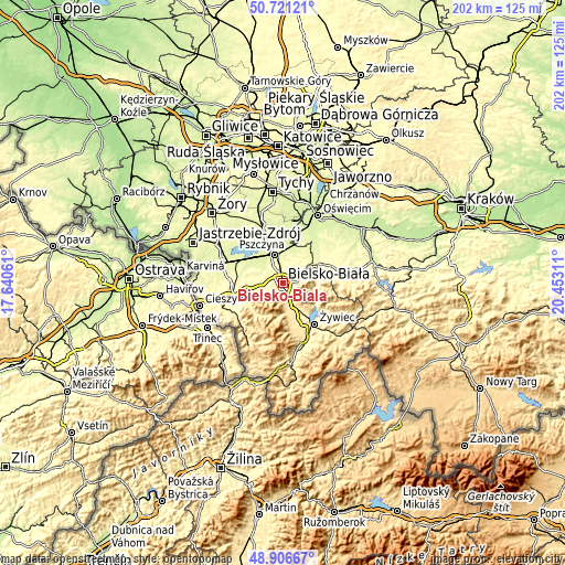 Topographic map of Bielsko-Biala