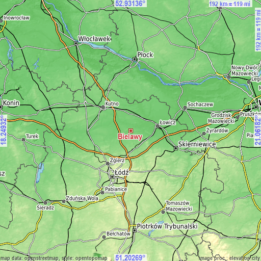 Topographic map of Bielawy