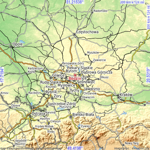 Topographic map of Będzin