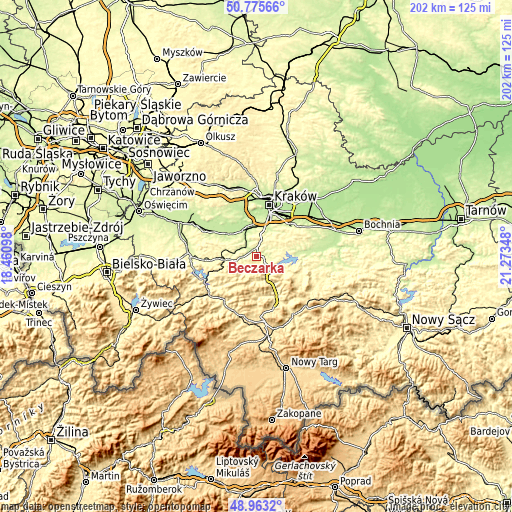 Topographic map of Bęczarka