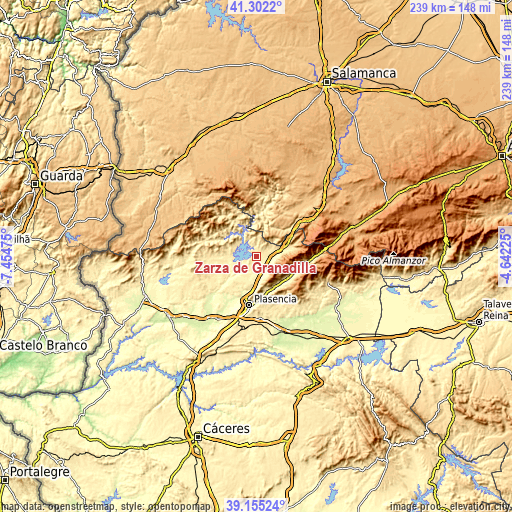 Topographic map of Zarza de Granadilla