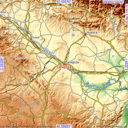 Topographic map of Zaragoza