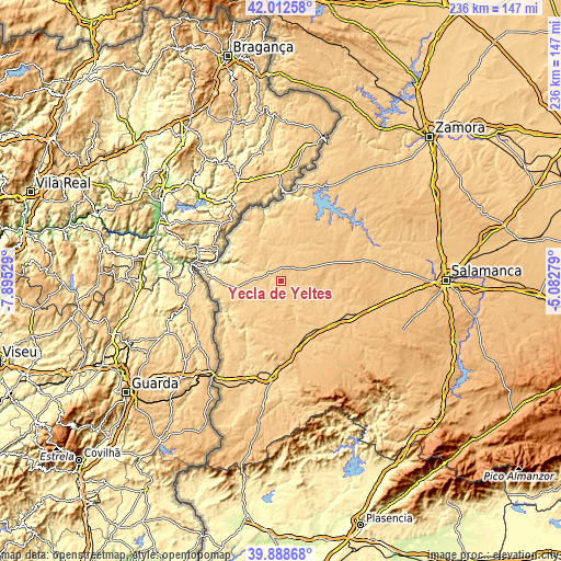 Topographic map of Yecla de Yeltes