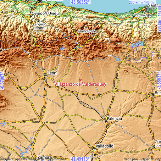 Topographic map of Villazanzo de Valderaduey