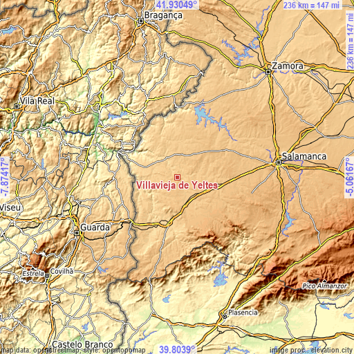 Topographic map of Villavieja de Yeltes