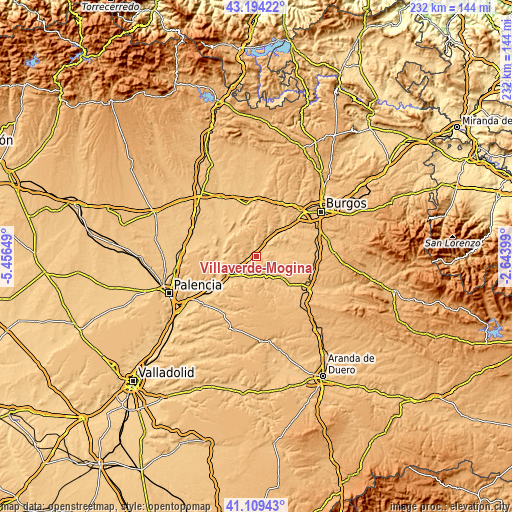 Topographic map of Villaverde-Mogina