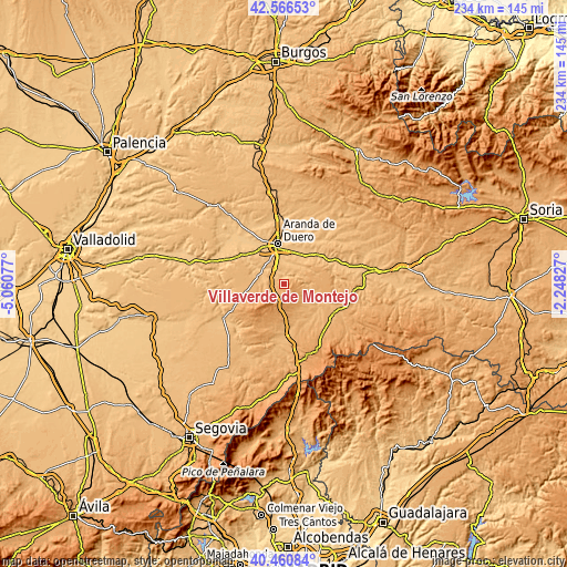 Topographic map of Villaverde de Montejo