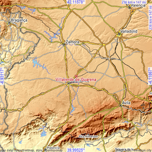 Topographic map of Villaverde de Guareña