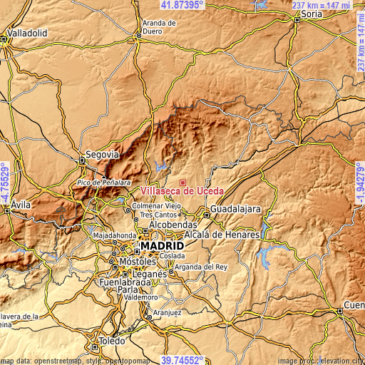 Topographic map of Villaseca de Uceda